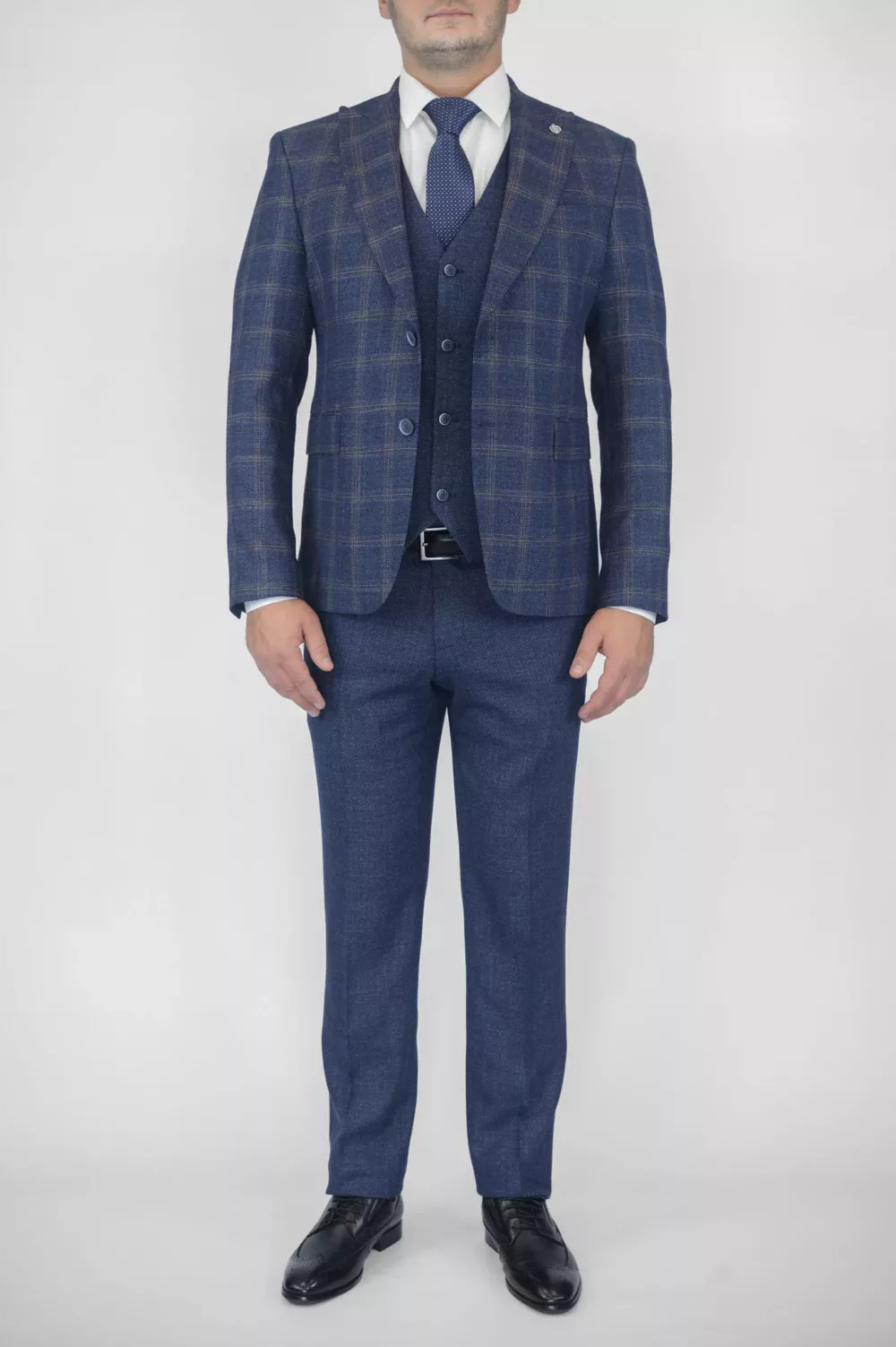 Клетчатый костюм-тройка синего цвета Вечерние мужские костюмы