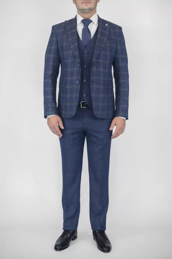Клетчатый костюм-тройка синего цвета Вечерние мужские костюмы