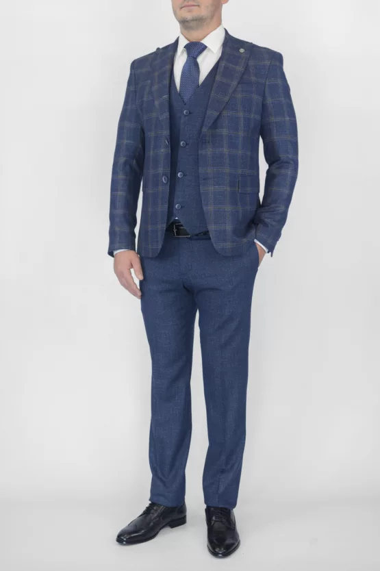 Клетчатый костюм-тройка синего цвета Вечерние мужские костюмы