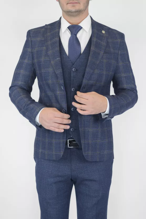 Клетчатый костюм-тройка синего цвета Вечерние мужские костюмы