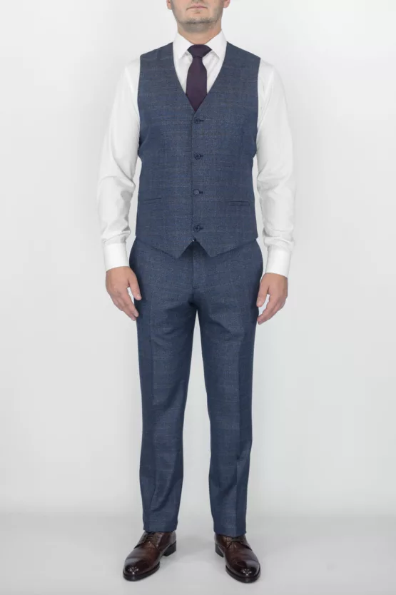 Костюм-тройка синего цвета с коричневой клеткой Брючные мужские костюмы
