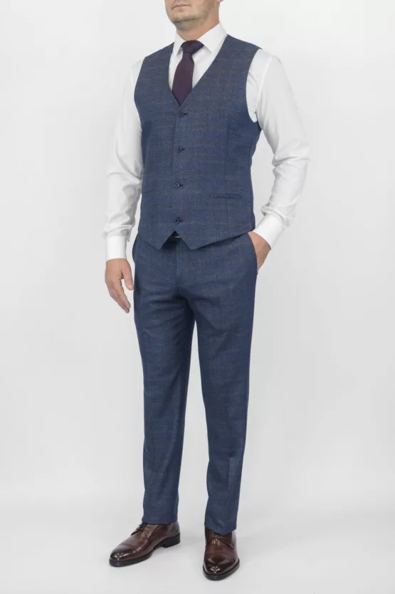 Костюм-тройка синего цвета с коричневой клеткой Брючные мужские костюмы