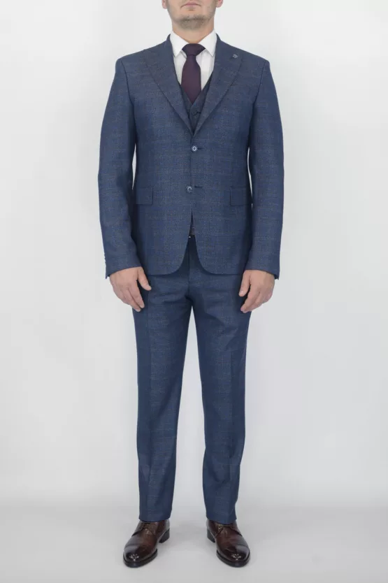Костюм-тройка синего цвета с коричневой клеткой Брючные мужские костюмы