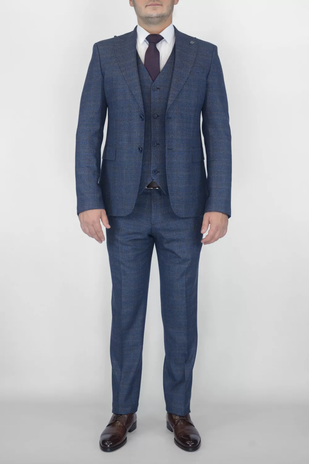Костюм-тройка синего цвета с коричневой клеткой Брючные мужские костюмы
