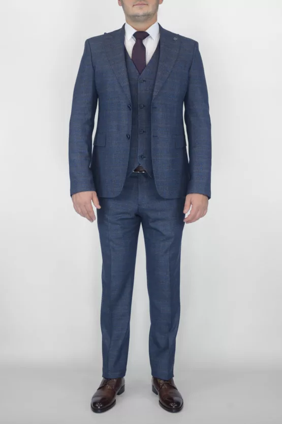 Костюм-тройка синего цвета с коричневой клеткой Брючные мужские костюмы