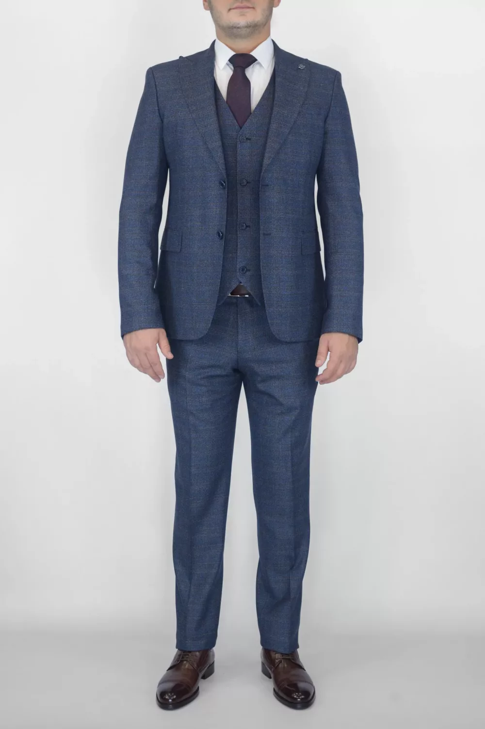 Костюм-тройка синего цвета с коричневой клеткой Брючные мужские костюмы