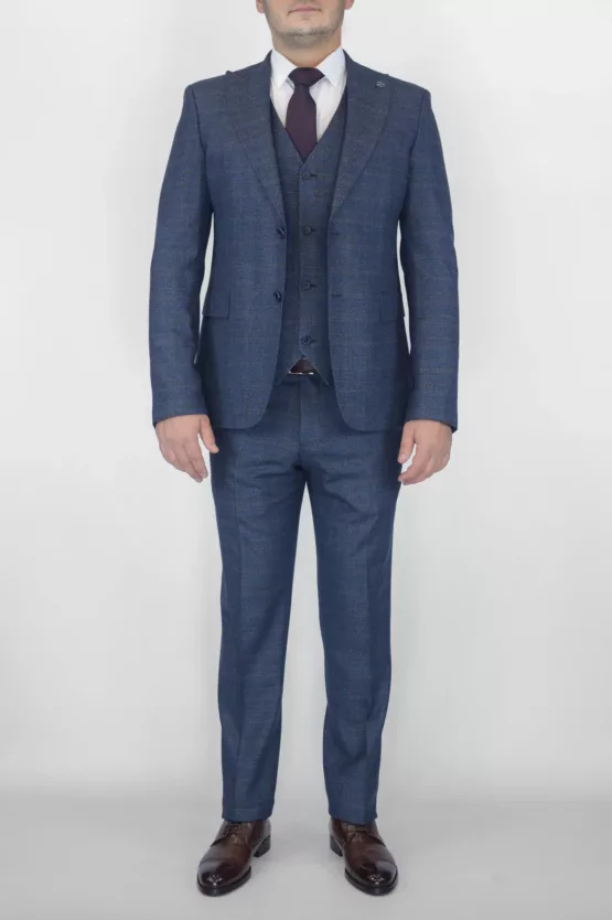Костюм-тройка синего цвета с коричневой клеткой Брючные мужские костюмы