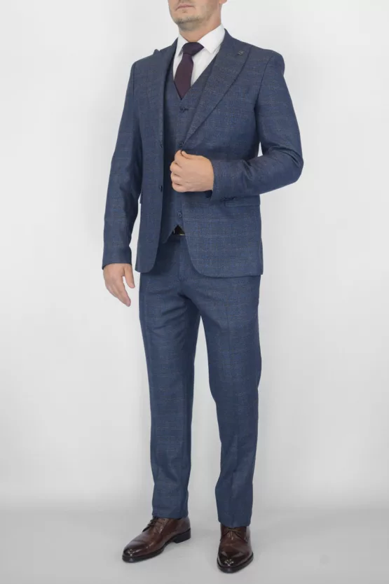 Костюм-тройка синего цвета с коричневой клеткой Брючные мужские костюмы