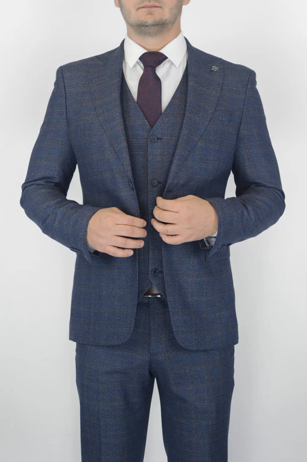 Костюм-тройка синего цвета с коричневой клеткой Брючные мужские костюмы