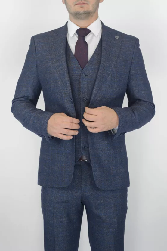 Костюм-тройка синего цвета с коричневой клеткой Брючные мужские костюмы