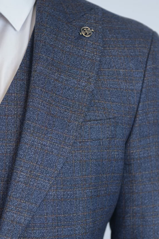 Костюм-тройка синего цвета с коричневой клеткой Брючные мужские костюмы