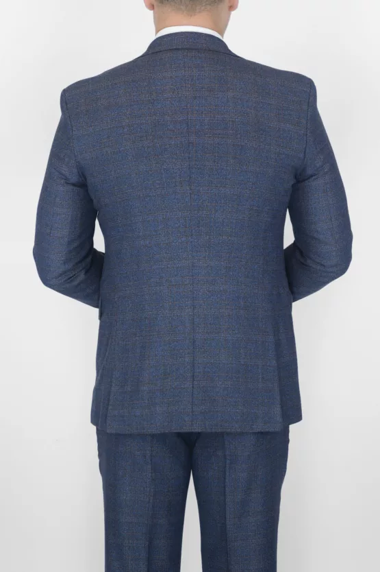 Костюм-тройка синего цвета с коричневой клеткой Брючные мужские костюмы
