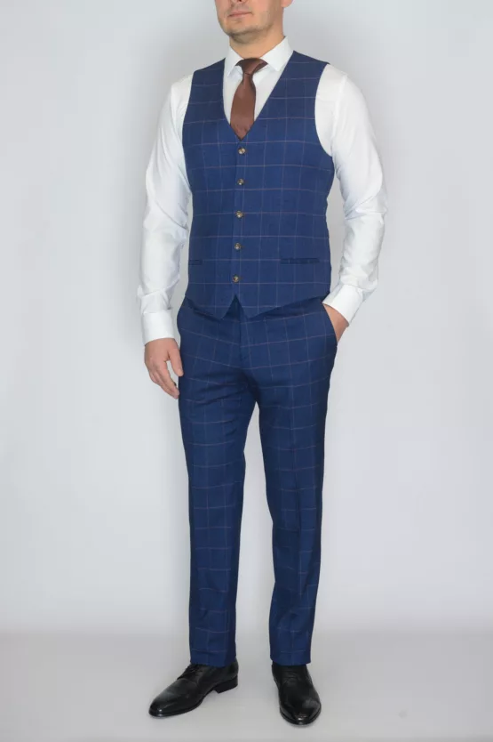 Костюм-тройка синего цвета в тонкую клетку Каталог