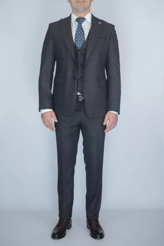 Шоколадный костюм-тройка в клетку Брючные мужские костюмы