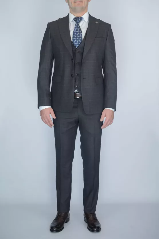Шоколадный костюм-тройка в клетку Брючные мужские костюмы