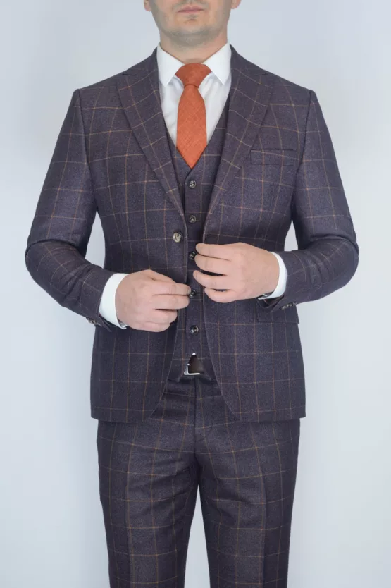 Костюм-тройка бордового цвета в клетку Вечерние мужские костюмы