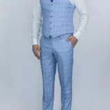 Костюм-тройка небесно-голубого цвета в синюю тонкую клетку Каталог