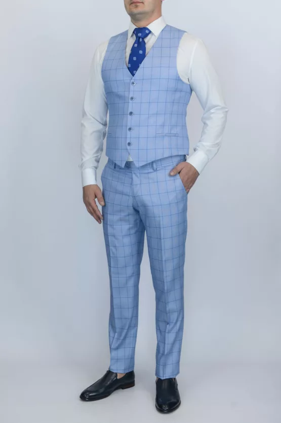 Костюм-тройка небесно-голубого цвета в синюю тонкую клетку Каталог