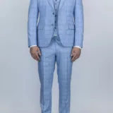 Костюм-тройка небесно-голубого цвета в синюю тонкую клетку Каталог