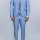 Костюм-тройка небесно-голубого цвета в синюю тонкую клетку Каталог