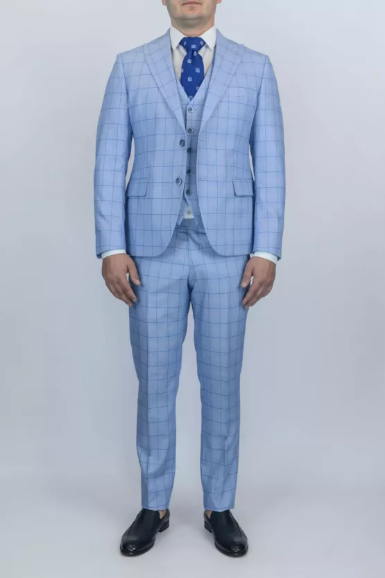 Костюм-тройка небесно-голубого цвета в синюю тонкую клетку Каталог