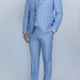 Костюм-тройка небесно-голубого цвета в синюю тонкую клетку Каталог