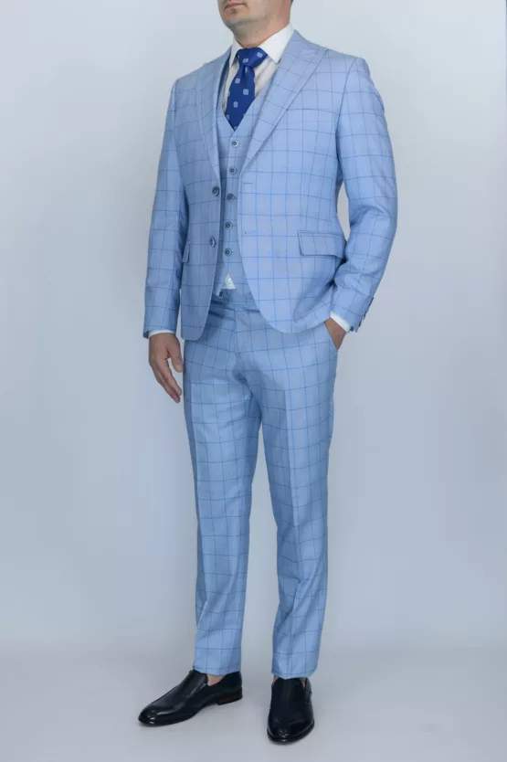 Костюм-тройка небесно-голубого цвета в синюю тонкую клетку Каталог