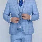 Костюм-тройка небесно-голубого цвета в синюю тонкую клетку Каталог