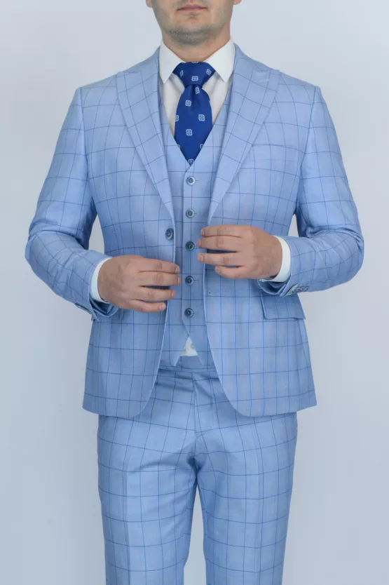 Костюм-тройка небесно-голубого цвета в синюю тонкую клетку Каталог