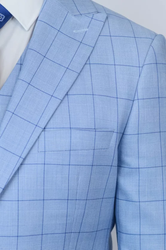 Костюм-тройка небесно-голубого цвета в синюю тонкую клетку Каталог