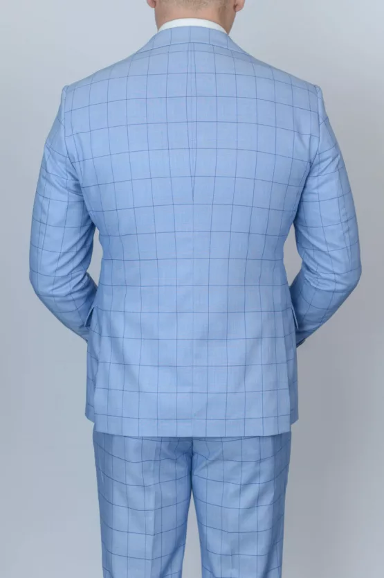 Костюм-тройка небесно-голубого цвета в синюю тонкую клетку Каталог