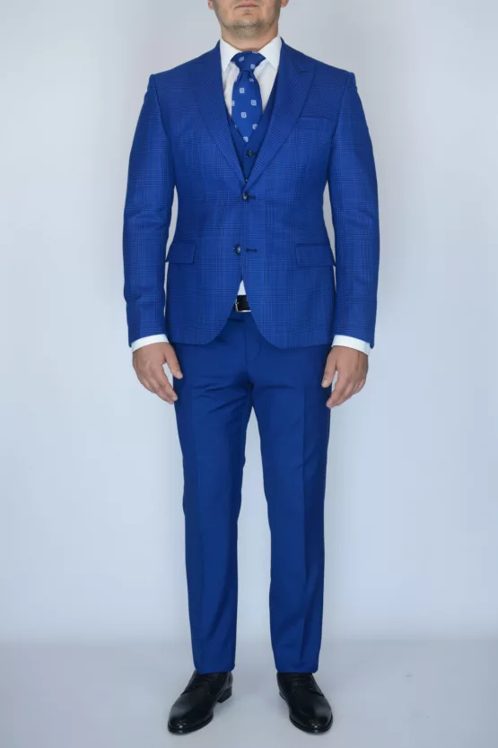 Костюм-тройка светло-синего цвета с клетчатым пиджаком Вечерние мужские костюмы