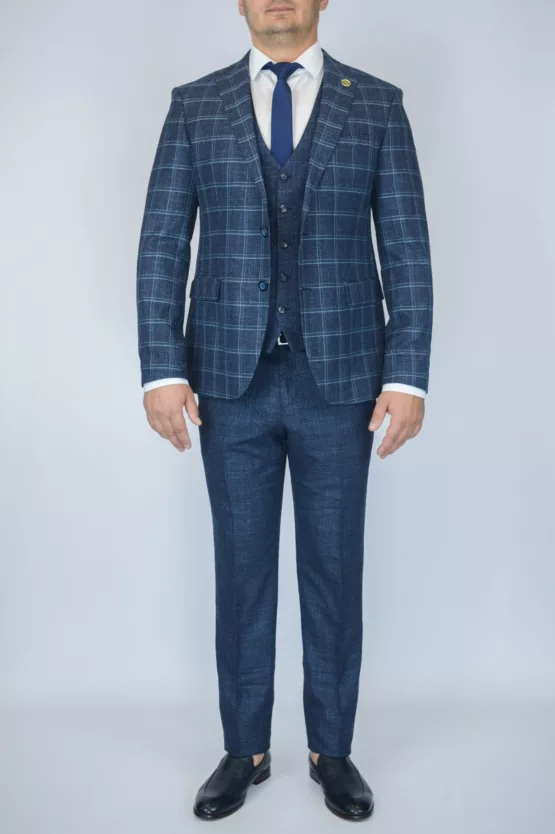 Костюм-тройка меланжево-синего цвета в клетку Каталог