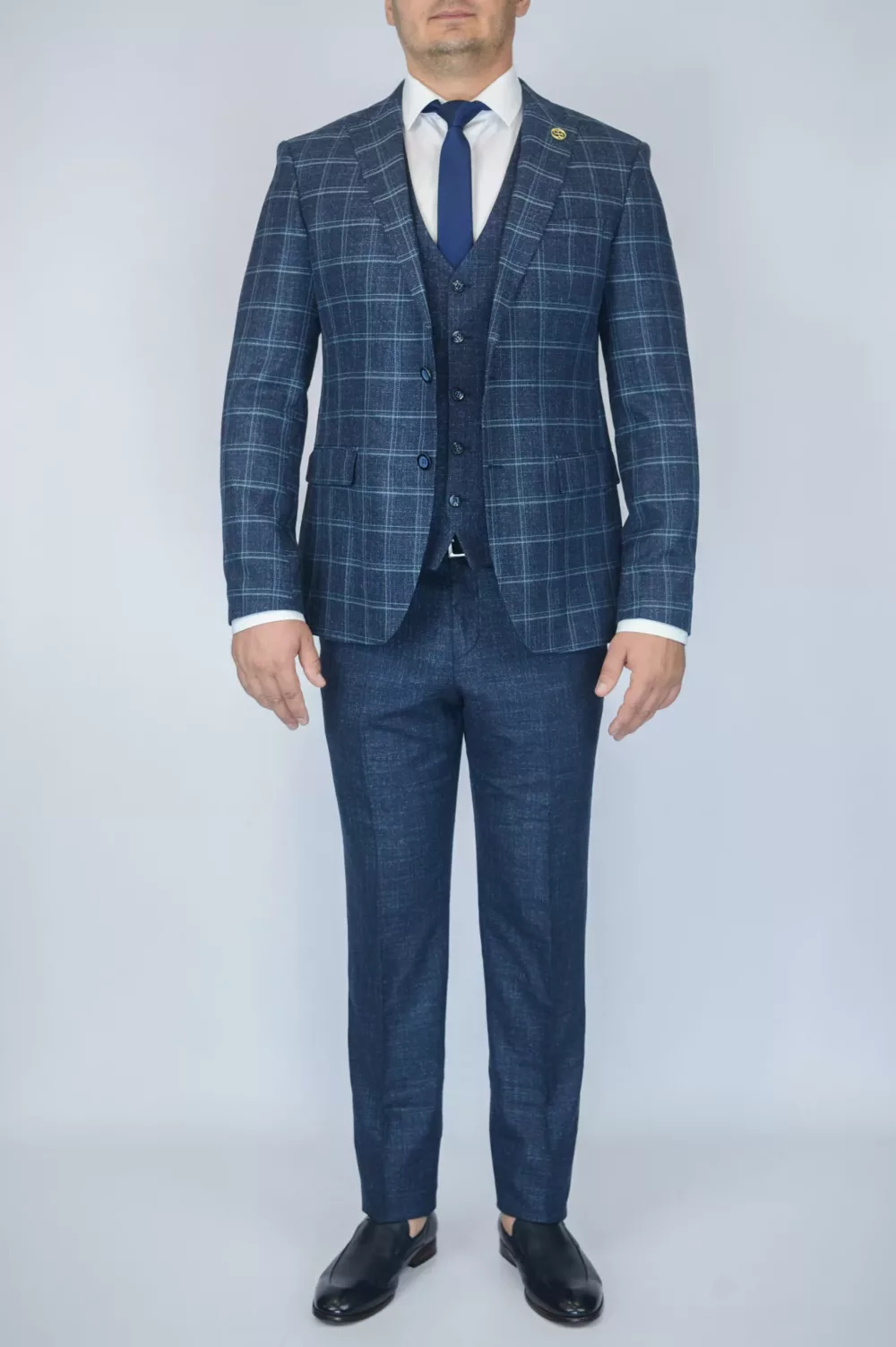 Костюм-тройка меланжево-синего цвета в клетку Каталог