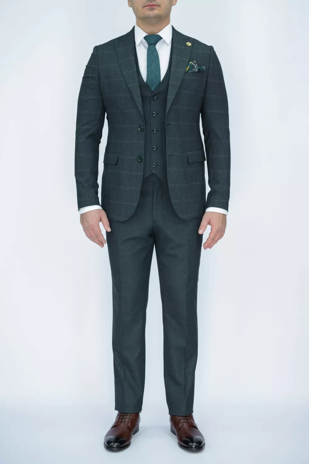 Костюм-тройка зеленого цвета в клетку твидовая ткань Каталог