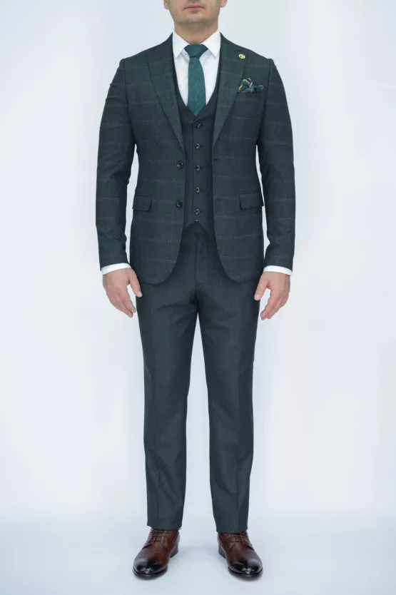 Костюм-тройка зеленого цвета в клетку твидовая ткань Каталог