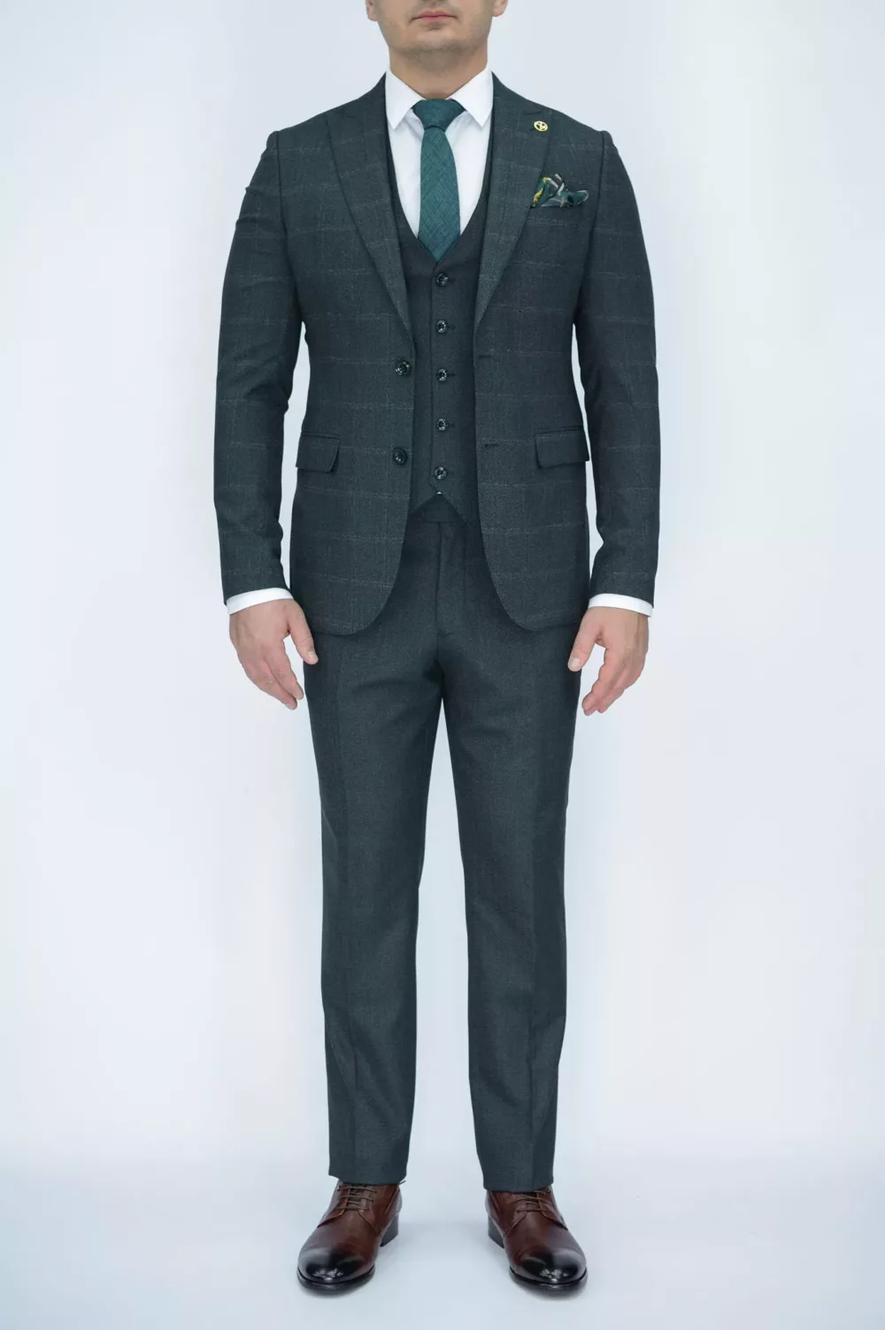 Костюм-тройка зеленого цвета в клетку твидовая ткань Каталог
