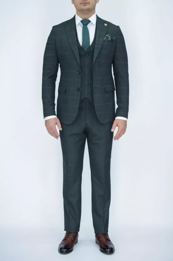 Костюм-тройка зеленого цвета в клетку твидовая ткань Каталог