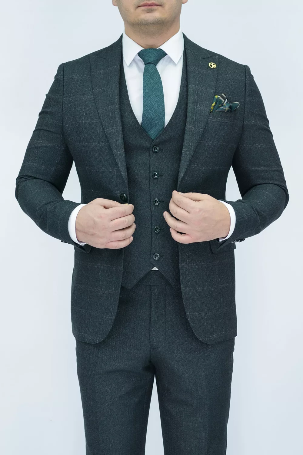 Костюм-тройка зеленого цвета в клетку твидовая ткань Каталог