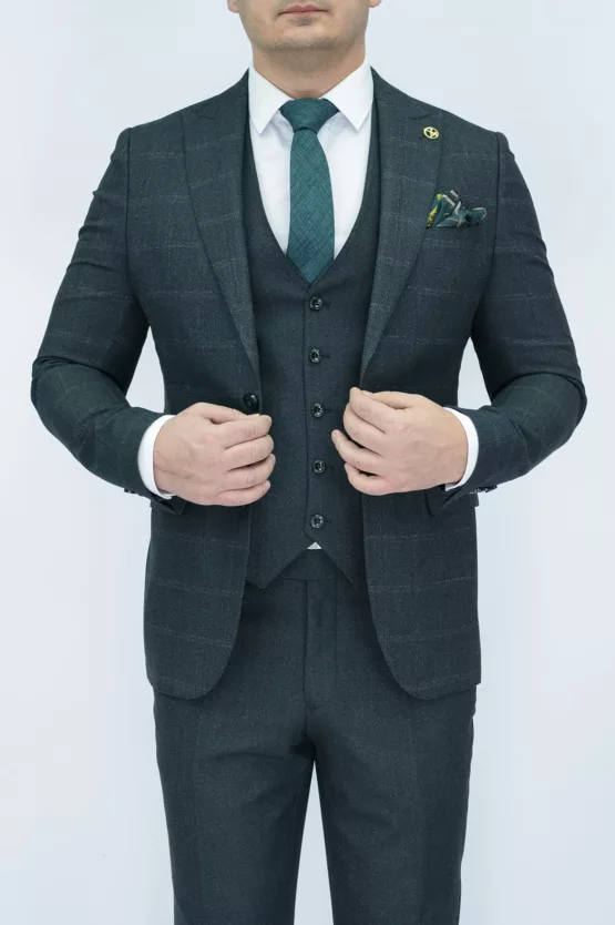Костюм-тройка зеленого цвета в клетку твидовая ткань Каталог