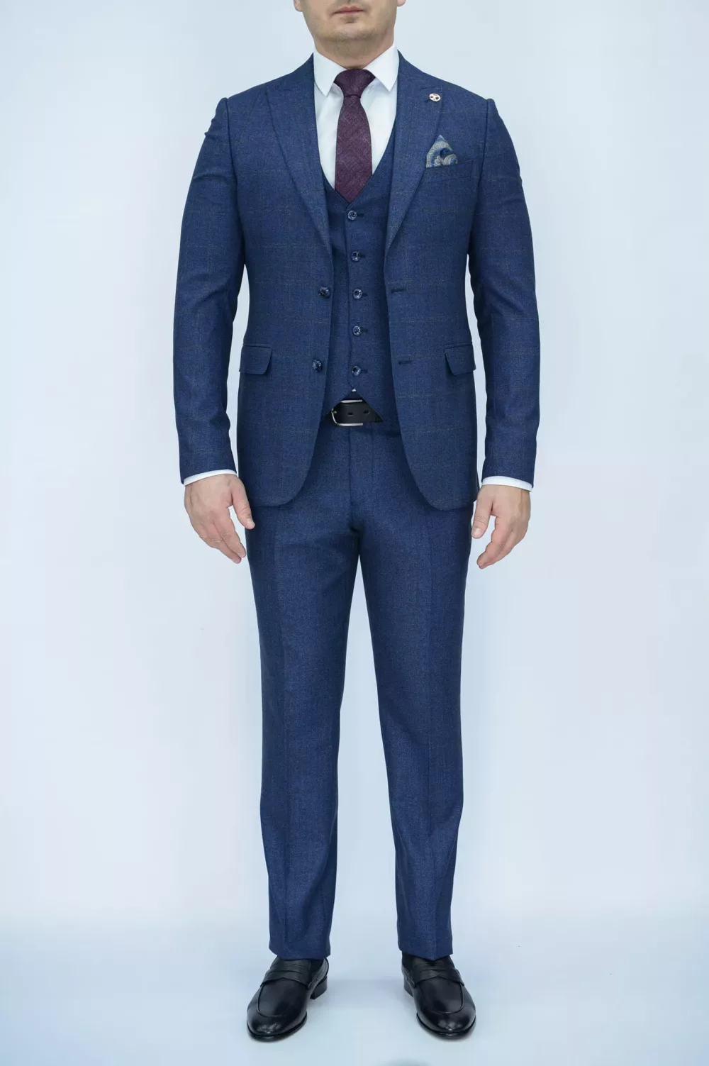 Приталенный фасон Костюм-тройка синего цвета в клетку твидовая ткань Каталог