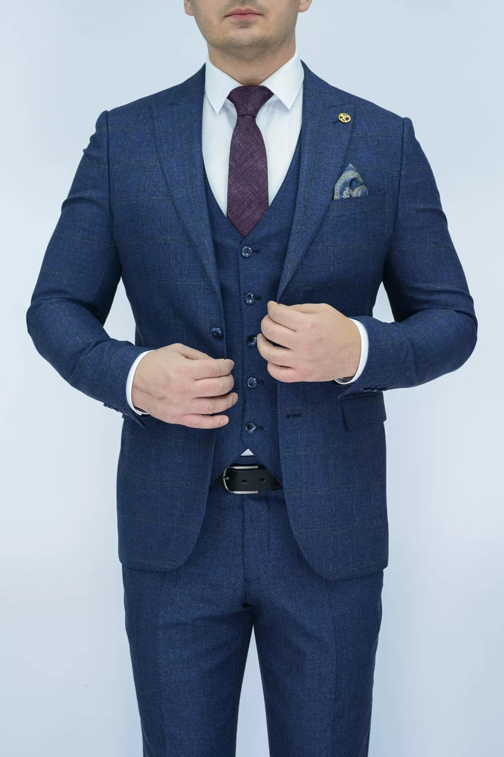 Костюм-тройка синего цвета в клетку твидовая ткань Каталог