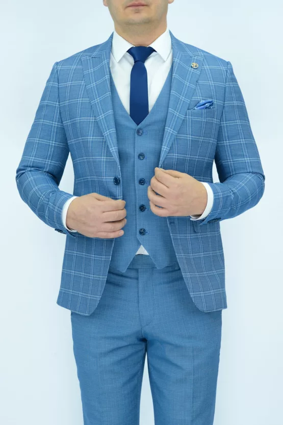 Костюм-тройка голубого цвета в клетку Каталог