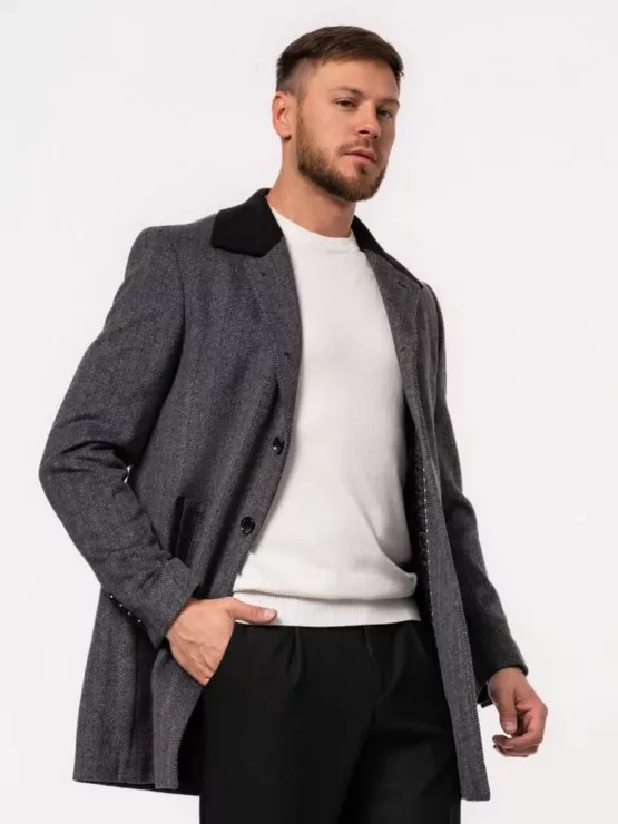 Пальто серое с комбинированным воротом Каталог