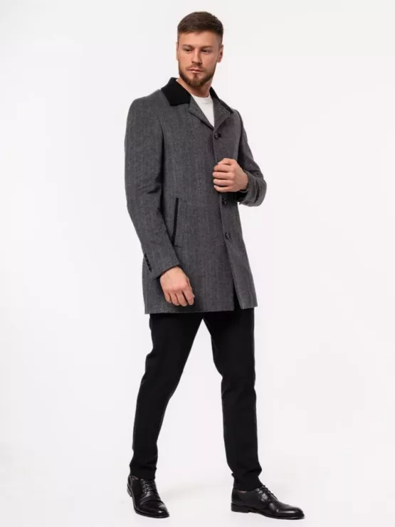 Пальто серое с комбинированным воротом Каталог