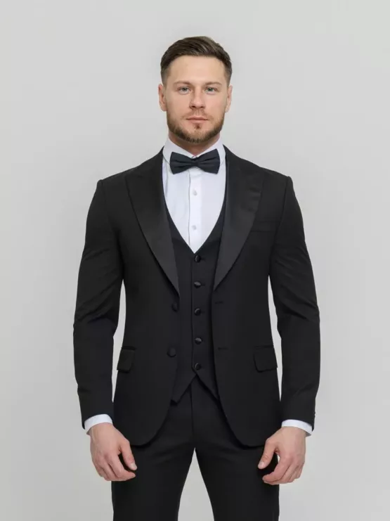 Костюм-тройка смокинг матово черный Вечерние мужские костюмы