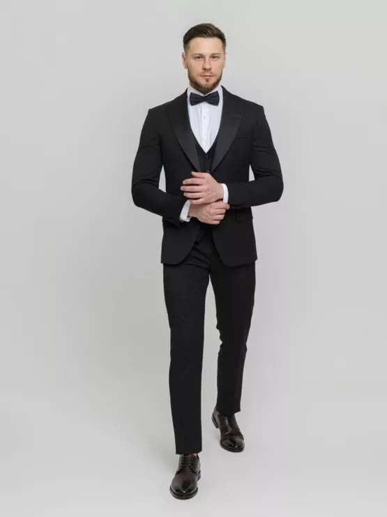 Костюм-тройка смокинг матово черный Вечерние мужские костюмы