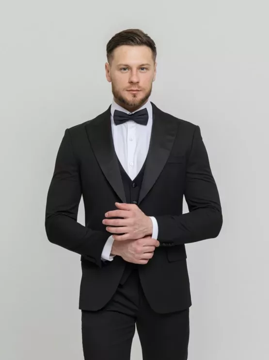 Костюм-тройка смокинг матово черный Вечерние мужские костюмы