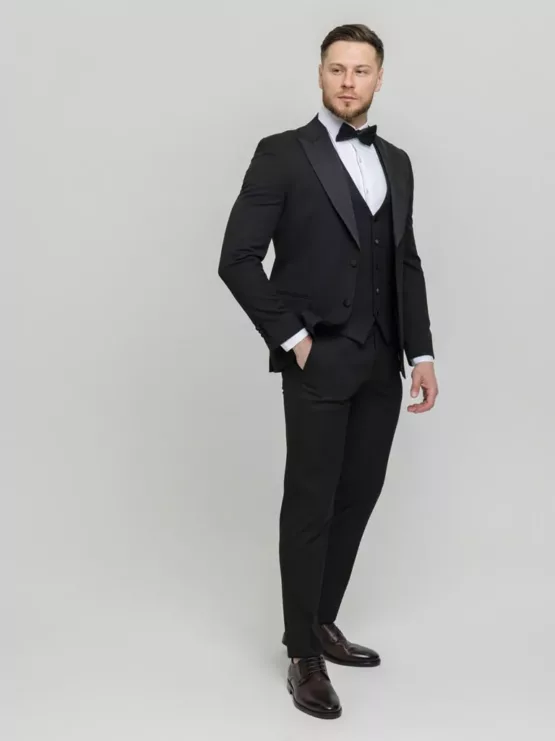 Костюм-тройка смокинг матово черный Вечерние мужские костюмы