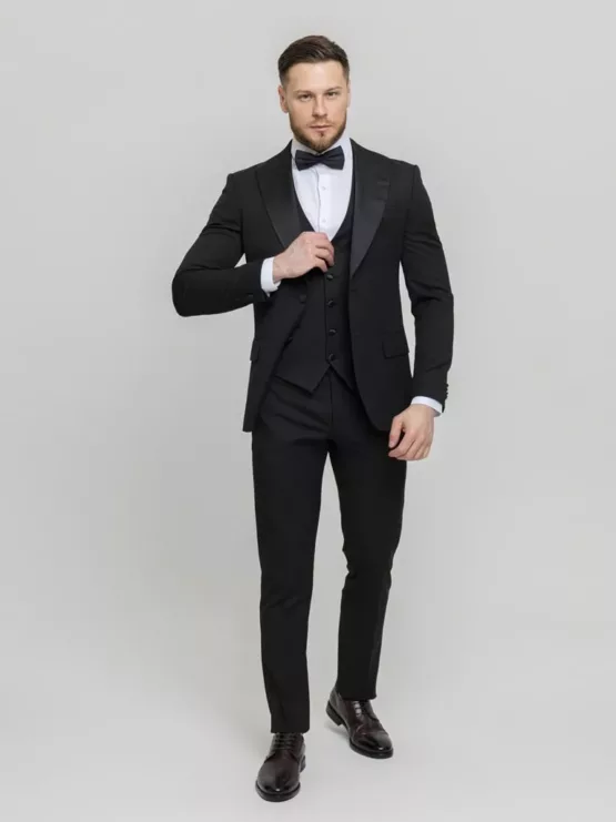 Костюм-тройка смокинг матово черный Вечерние мужские костюмы